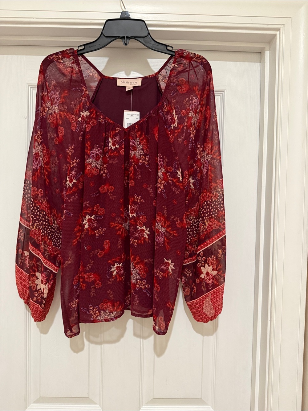 Philosophy Burgundy Floral Sheer Peasant Blouse